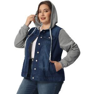 Women Plus Size Layered Drawstring Hood Denim Utility Jacket W Pocket Black Blue